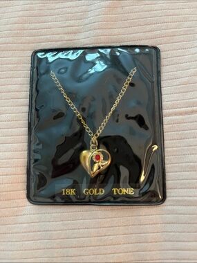 Gold-Tone Heart Pendant Necklace with Red Accent